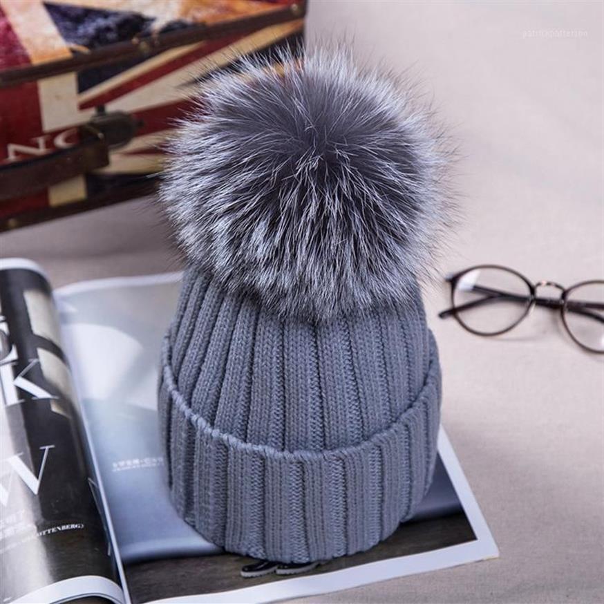 15 cm Real Fur Ball Cap Pom Poms Winter Hat For Women Girl's Wool Sticked Cotton Beanies Brand Thick Female273U