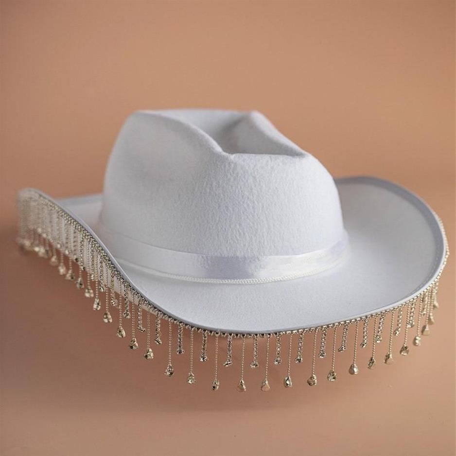 Wide Brim Hats White Diamond Fringe Bride Cowgirl Hat Mrs Cowboy Bridesmaid Gift Bridal Summer Country Western HatWide245y