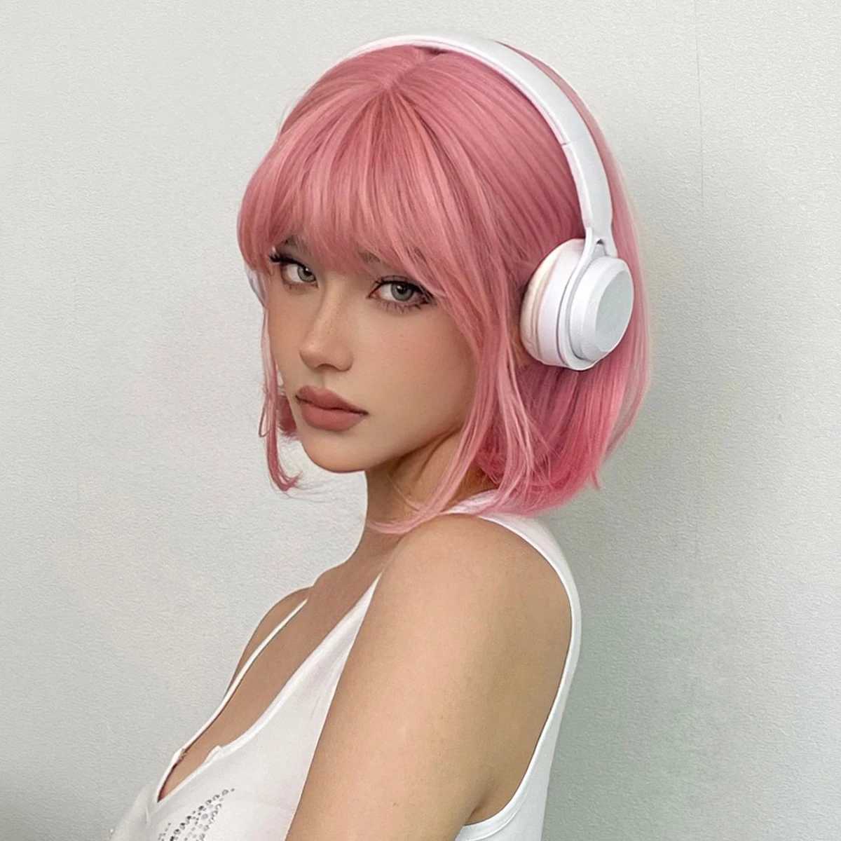 Cosplay peruker rosa kort bob rak syntetisk peruk med lugg för cosplay lolita falskt hår för vita kvinnor parti naturligt peruk hög temperatur240124