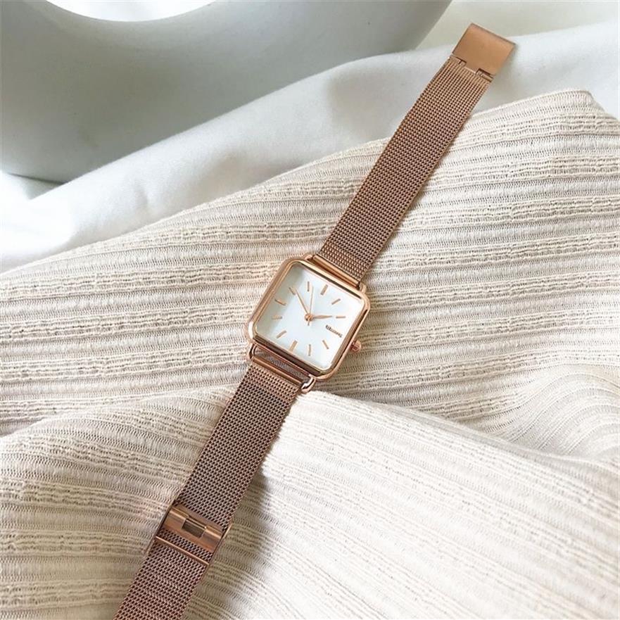 Women Fashion Square Watches Minimalist Design Ladies Quartz Wrsitwatches Ulzzang Gold Silver Silver Stainless Strap Clock 220218d