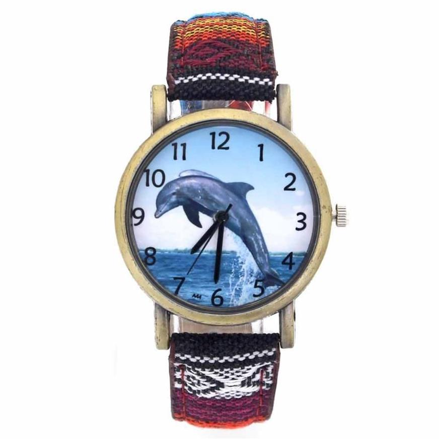Wristwatches Dolphin Pattern Ocean Aquarium Fish Fashion Casual Men Women Canvas Cloth Strap Sport Analog Quartz Watch250C