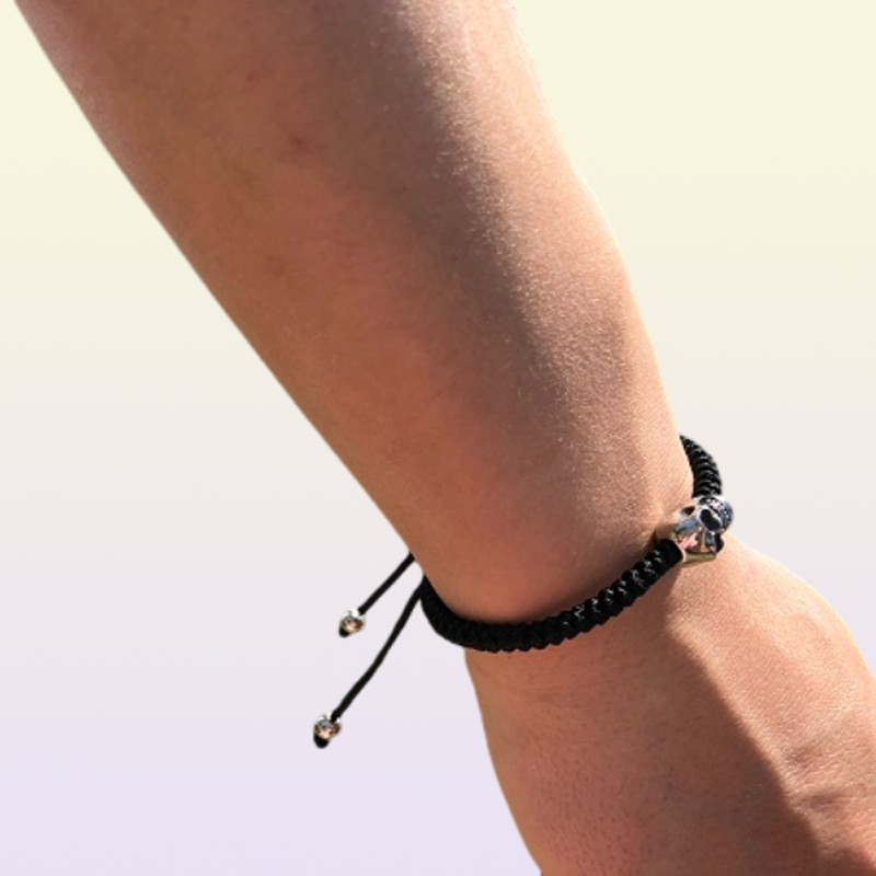 Bracciale con ciondolo cordoncino di cera nera intrecciato con bracciale con testa di teschio in acciaio inossidabile gioielli di moda da donna o da uomo Demon8187126087