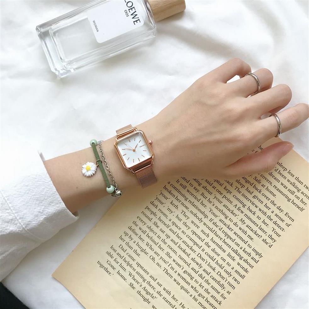 Kvinnor Fashion Square klockor minimalistisk design damer kvarts wrsitwatches ulzzang guld silver rostfritt stål mesh rem klocka 220218d