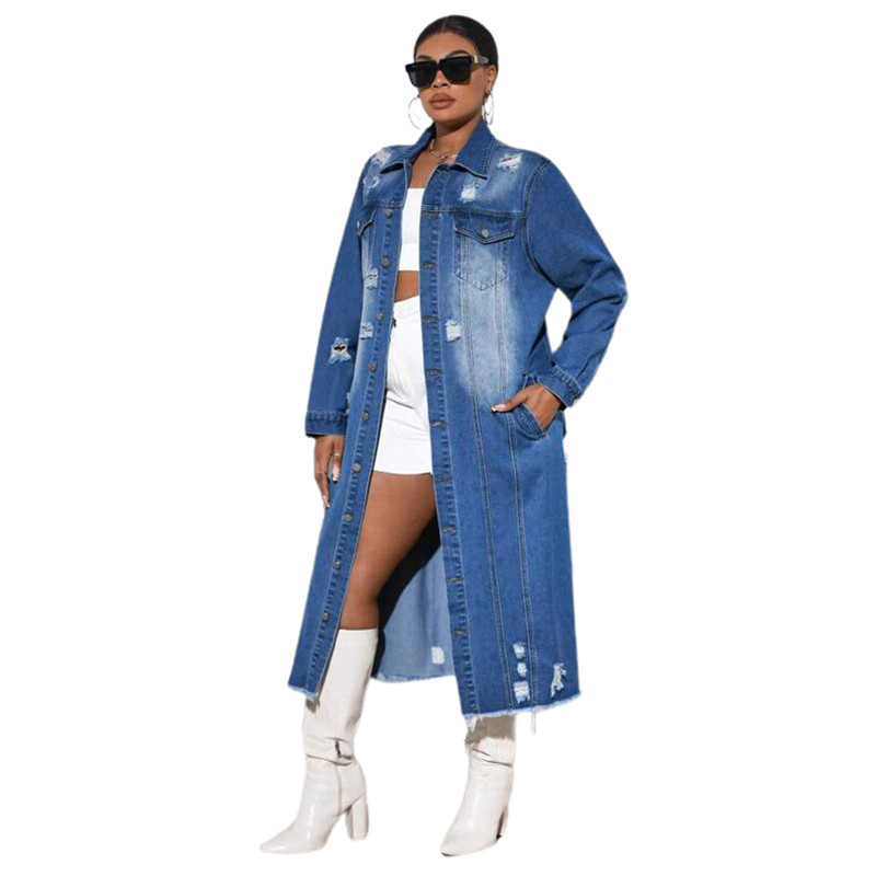 2024 Designer Denim Trenchcoat Damesmode Herfst Winter Windjack Lange Mouw Gescheurd Jasje Vest Denim Mantel Bovenkleding Bulk Groothandel Kleding 10409