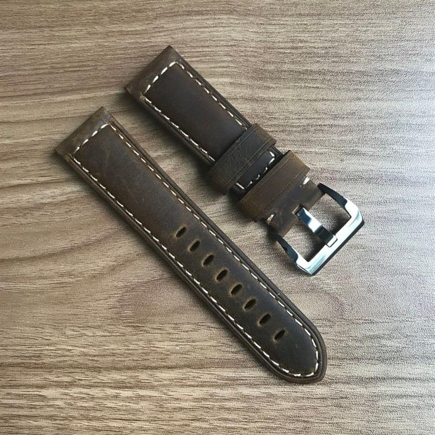 빈티지 Ocysa Dark Brown Brown Black Crazy Horse Genuine Leather Belt 시계 스트랩 24mm 24mm Pam Watches240n