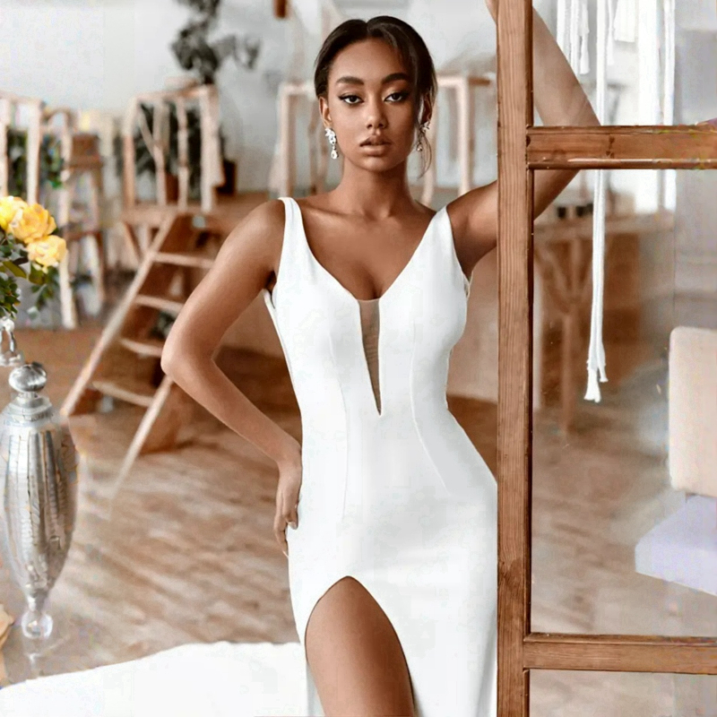 Vestido de novia estilo campestre de sirena con escote en V, vestidos de novia elegantes sin espalda, vestidos de satén elásticos para novia, vestidos árabes africanos, Vestido De playa CDW171