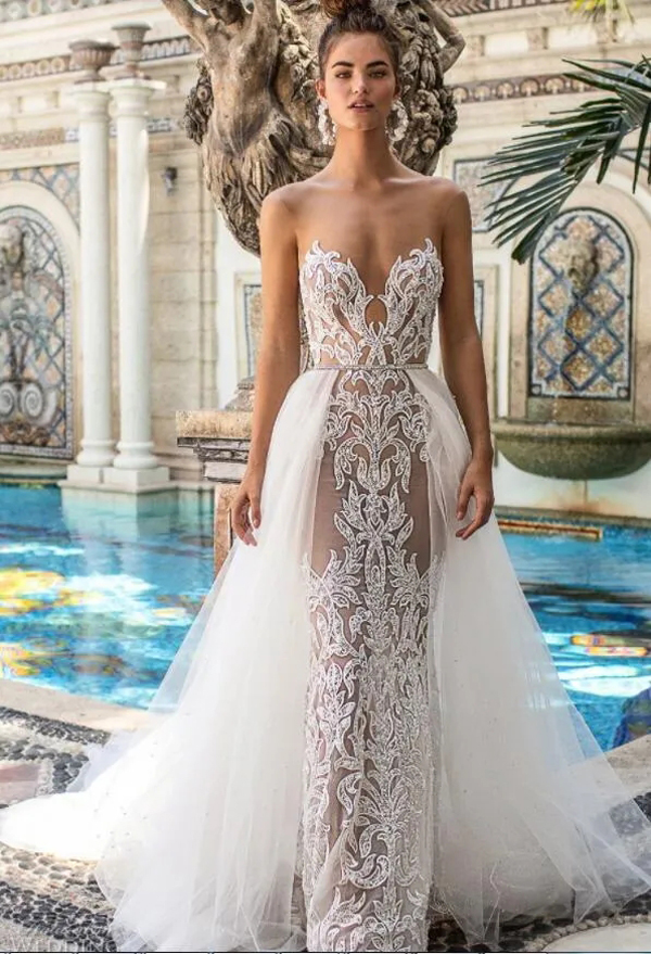 Berta Robes De Mariée En Dentelle Avec Train Détachable Sheer Jewel Dos Nu Robe De Mariée Sirène Artisanat Perlé Plus La Taille Robes De Mariée