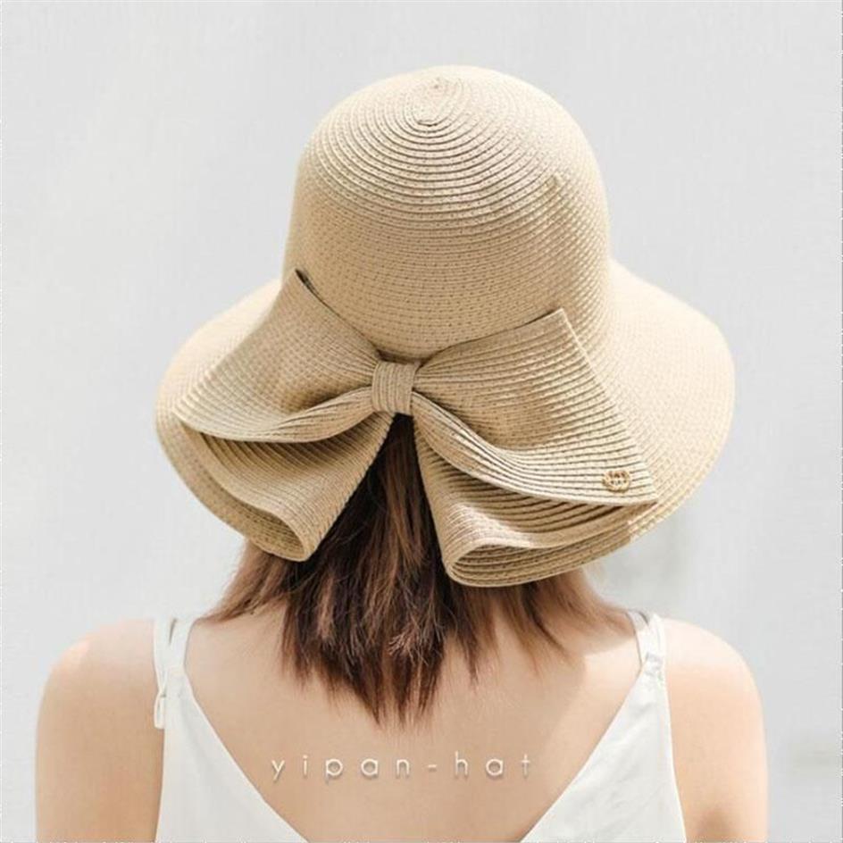 Berets Lady Bowknot Straw Hat Adult Summer Sunscreen Leisure Cap Wide Brim Students Fresh Raffia Shading Sun FoldableBerets245Y