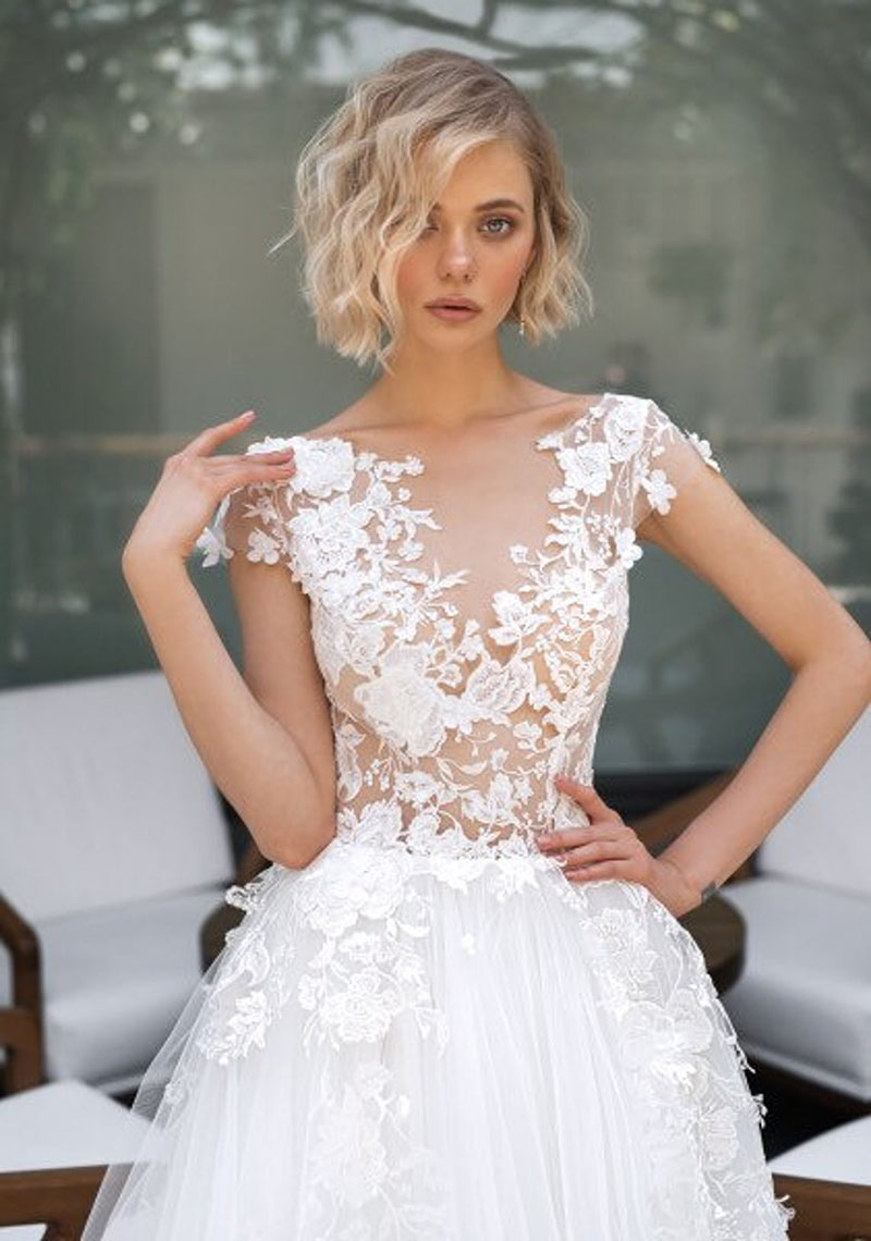 Illusion Fashionable Wedding Dresses For Women 2023 Bride Off-Shoulder Deep V-Neck Tulle A-Line Sweep Train Backless Sexy Covered Button 3D-Floral Appliques