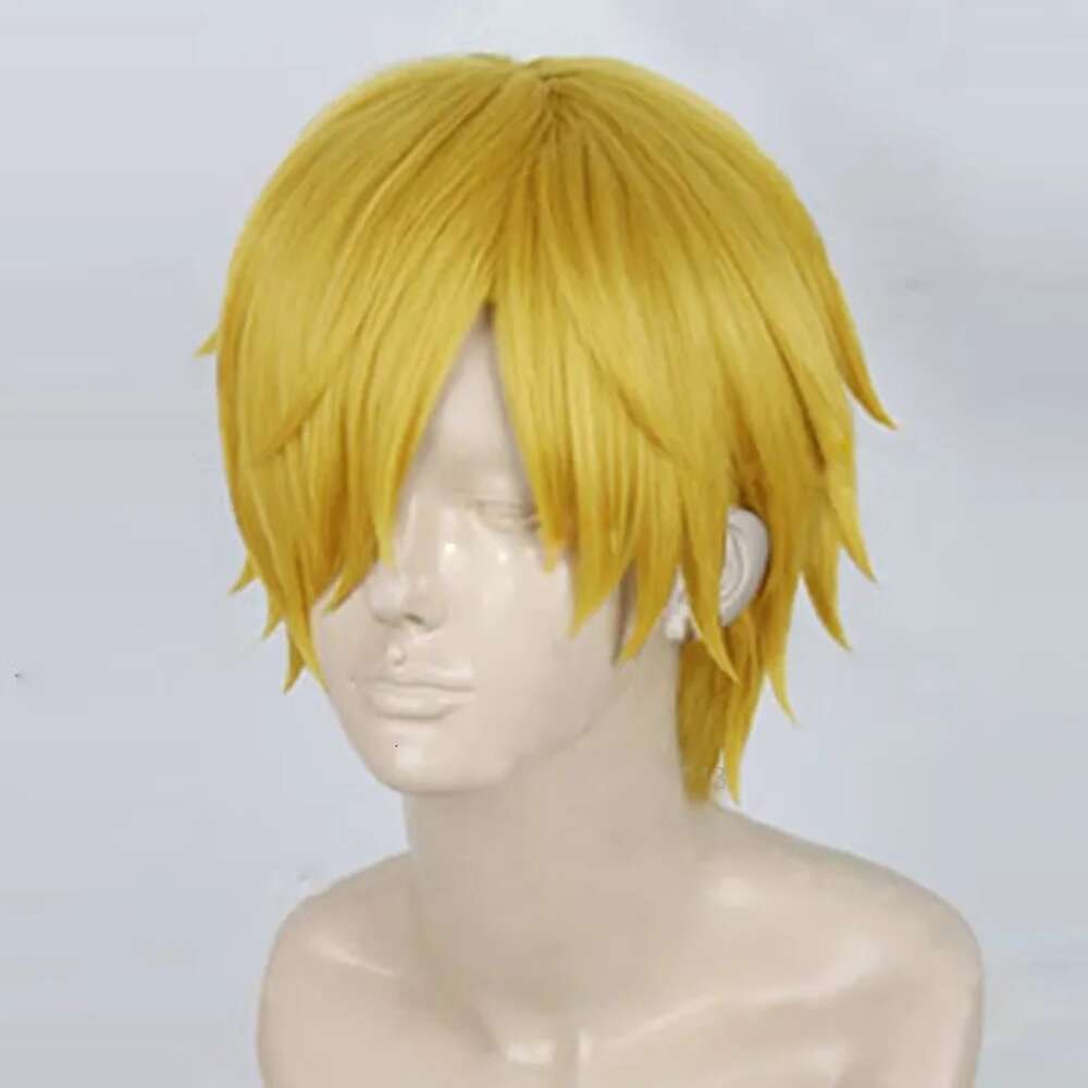 Perruque de Cosplay synthétique Sanji, perruque une pièce courte et lisse, jaune doré, résistante à la chaleur