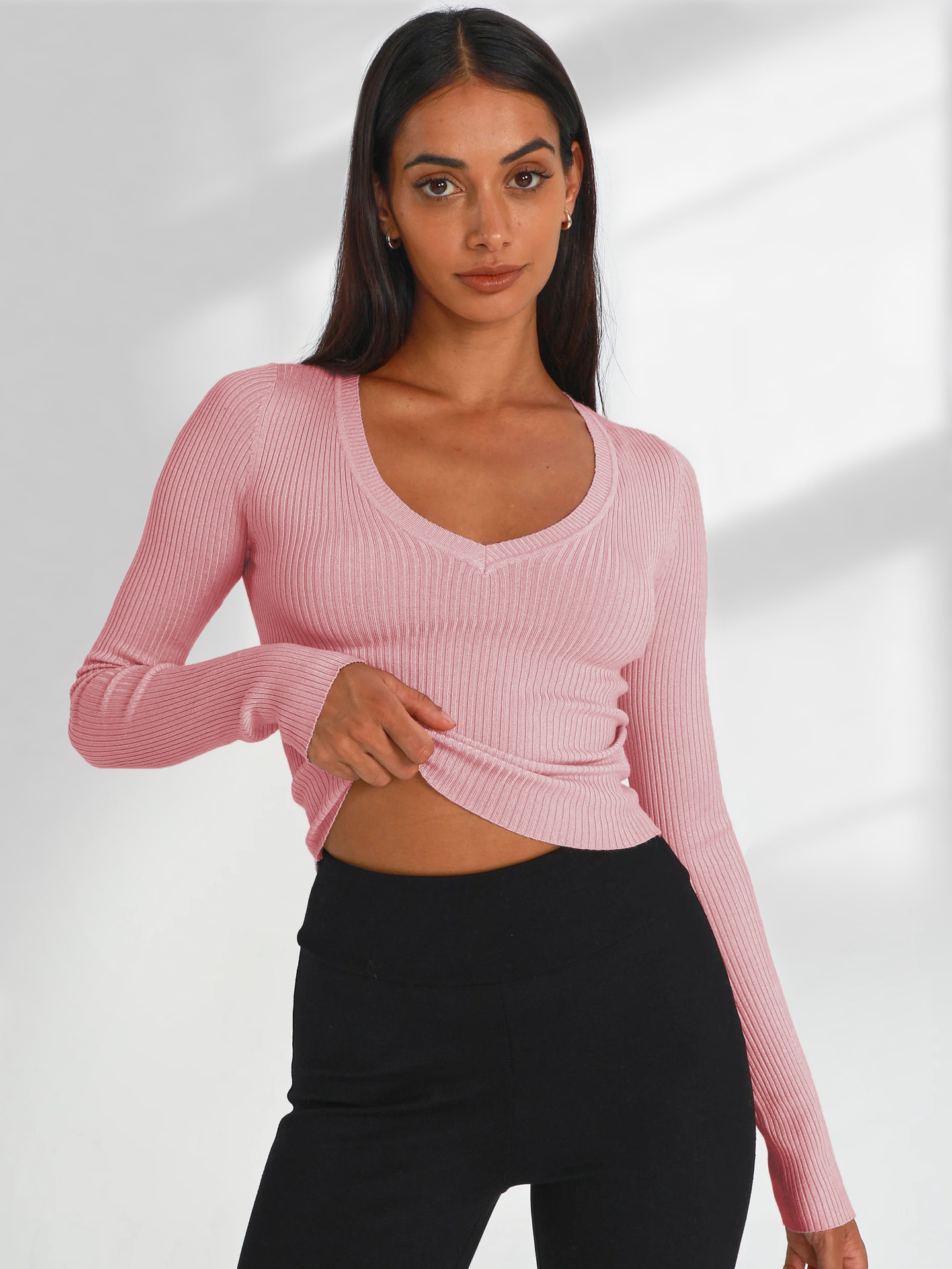 Y2K – tricot sexy pour femmes, chemise à base de couleur, haut à manches longues et col en v