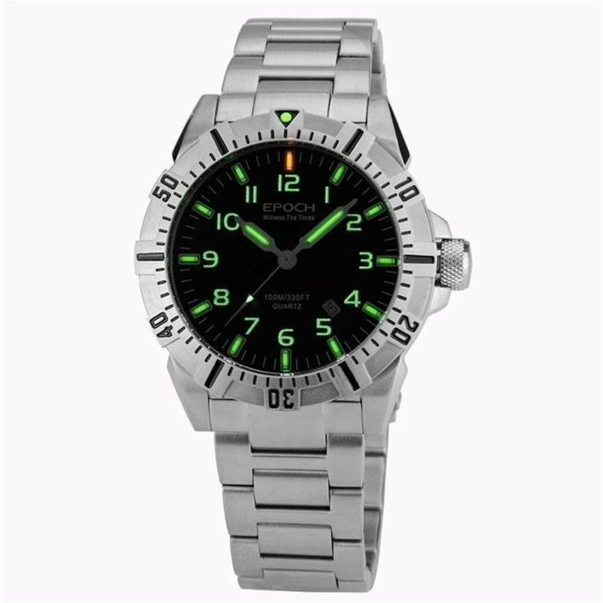 Pulseira de aço EPOCH à prova d'água 100m tubos de gás trítio luminoso esporte mergulho relógio de quartzo T2001123312