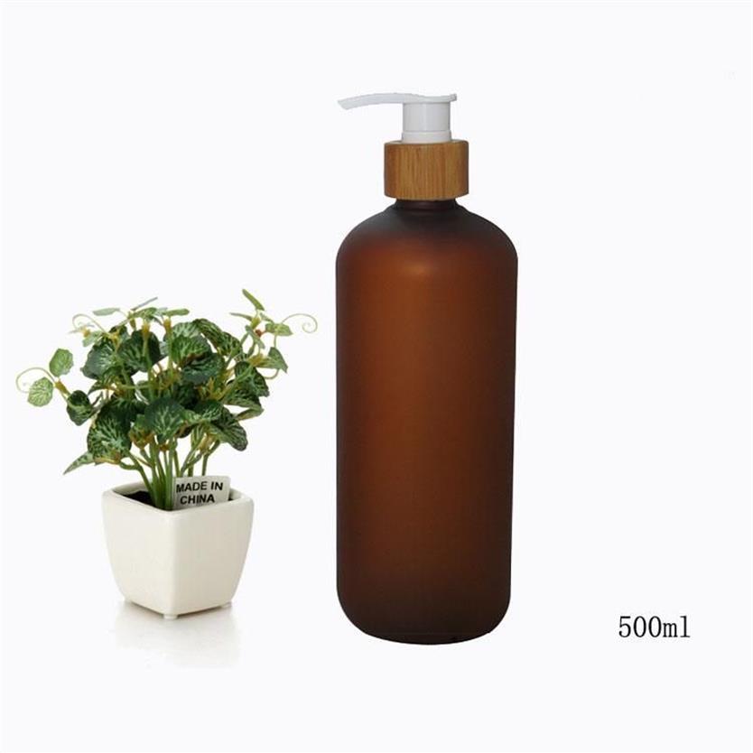 Bottiglie di stoccaggio Vasetti 500ML 10 / 20 pezzi Ambra smerigliata Plastica Emulsione cosmetica Pompa lozione Bottiglia Testa di bambù Shampoo Gel doccia P295t