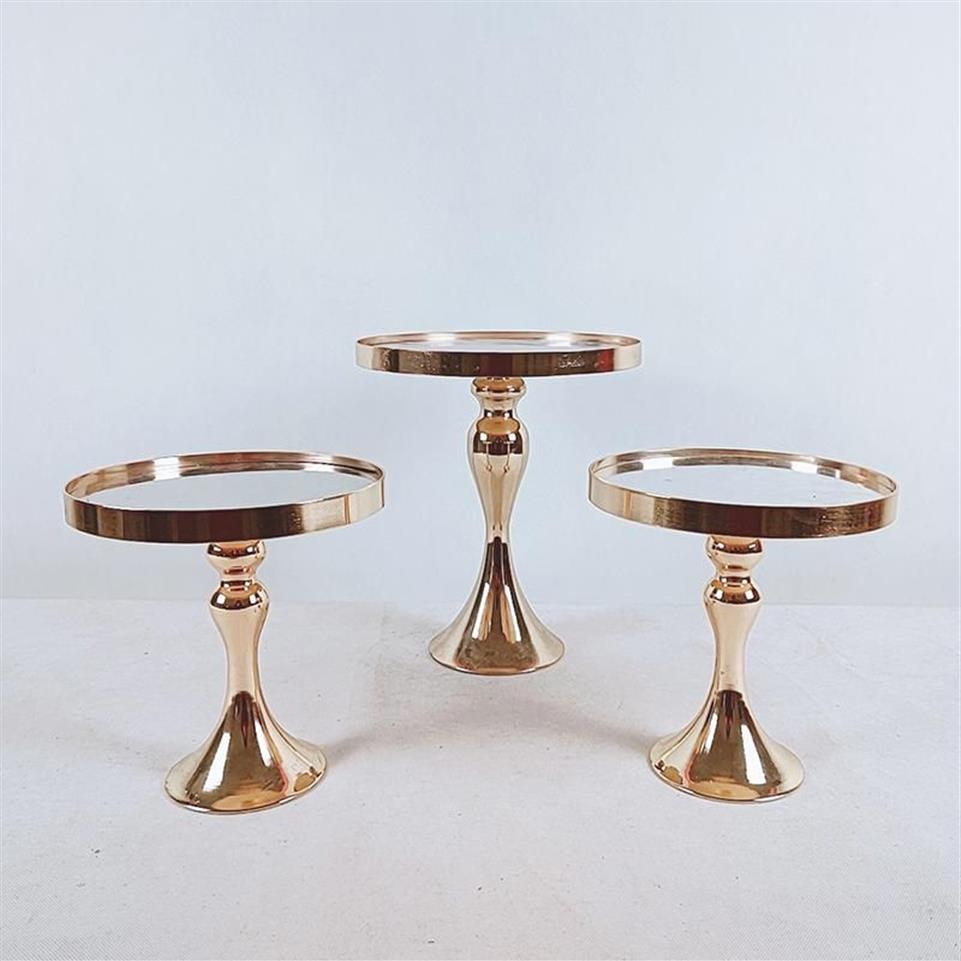 PCS Gold Electroplate Crystal Cake Stand Set Espejo Metal Cupcake Display Boda Fiesta de cumpleaños Plato de postre Rack Otros utensilios para hornear215r