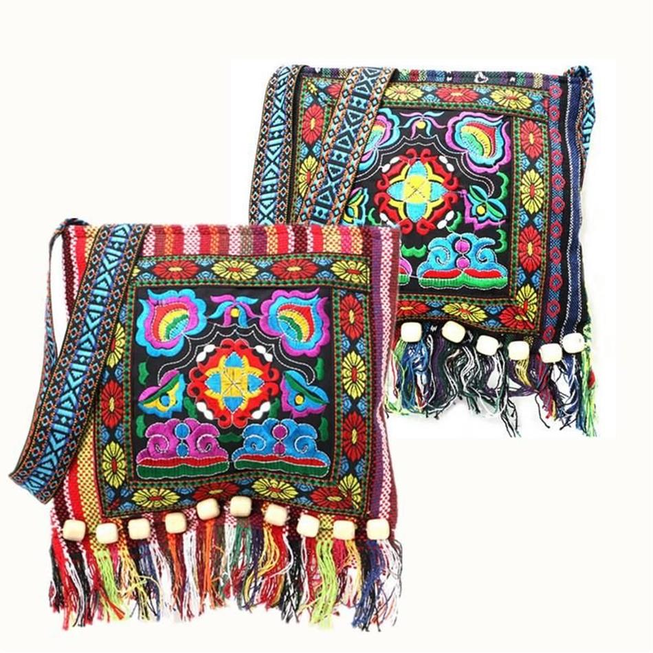 Hmong Vintage Ethnic Shoulder Storage Bag Embroidery Tassels Boho Hippie Tassel Tote Messenger Hangable Storage Organizer Bags232S