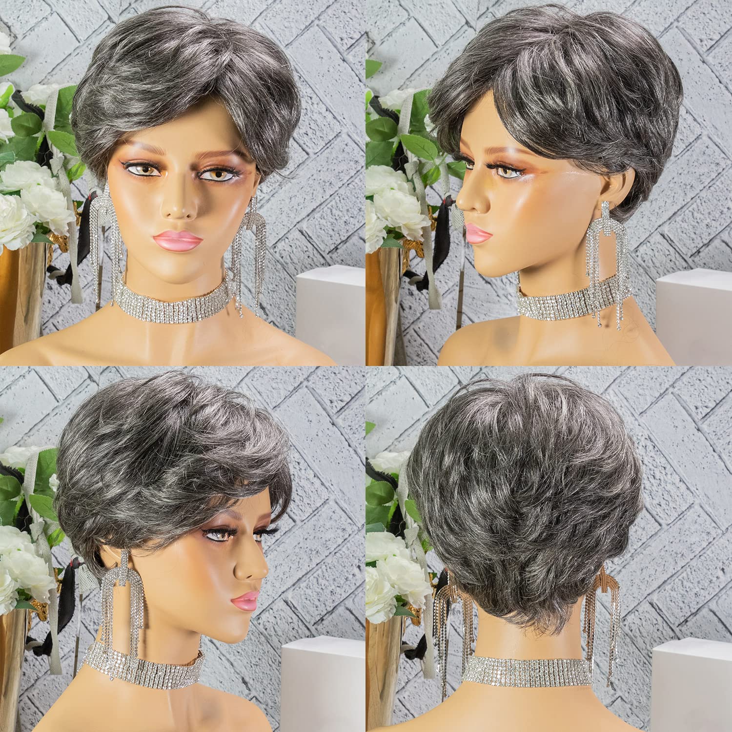 Grey Wig with Bangs Short salt and pepper Wigs for Women Grey Human Hair Wig Short Gray Wig Pixie Cut Wig real Hair Silver Grey Wig 150% Density