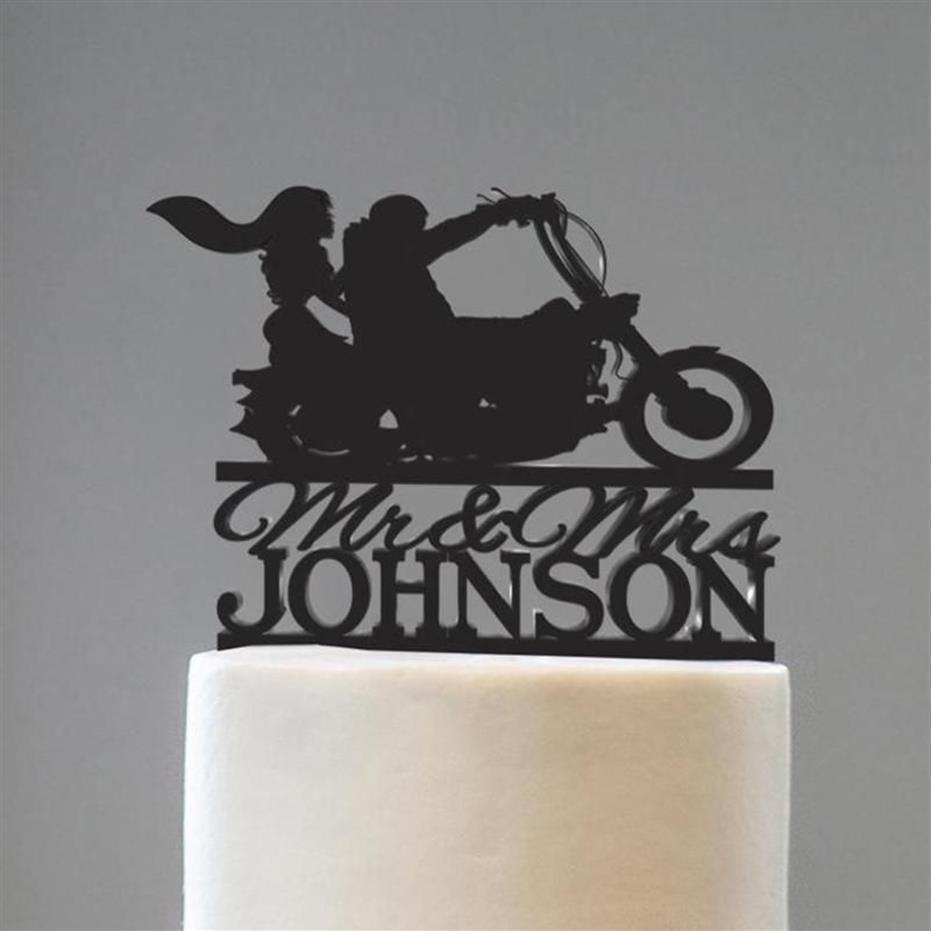 Décoration de gâteau Mr et Mme avec nom de famille, décoration de gâteau pour Couple avec mariage en moto, personnalisée 290j