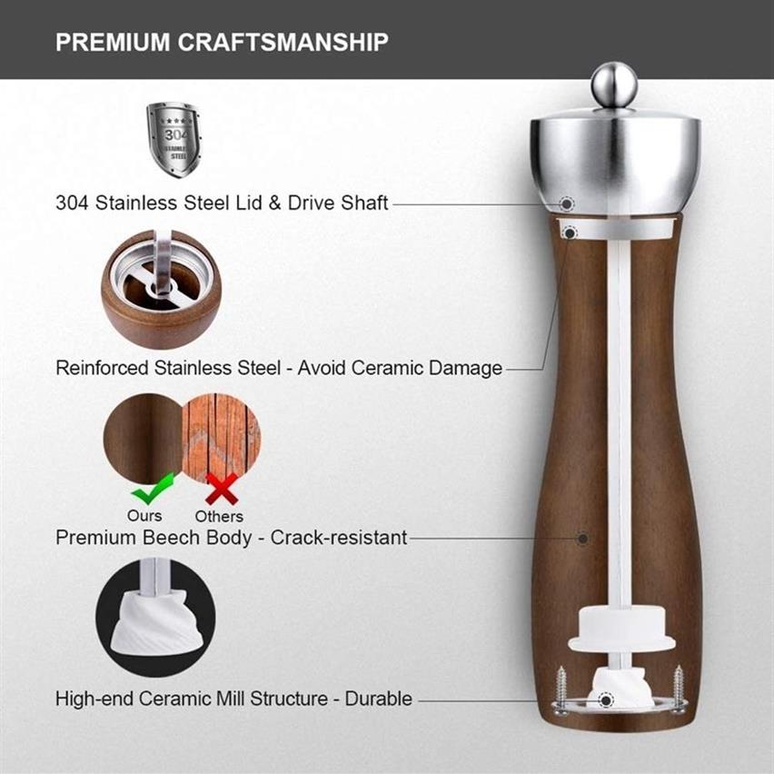 2 pièces ensemble moulin à sel et à poivre ensemble moulin à sel en bois de hêtre de qualité supérieure moulin à poivre shakers coffret cadeau outils de cuisine à noyau en céramique 220234i