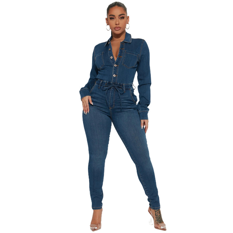 2024 Designer Herbst Winter Denim Overalls Frauen Langarm Strampler Casual Umlegekragen Jeans Einteilige Overalls Straße Großhandel Kleidung 10408