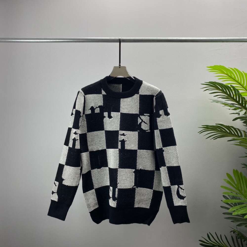 Mens Sweater Modaya Düzenli Avrupa Tarzı Siyah Beyaz Ekose 3D Baskı, Sonbahar ve Kış için Unisex Örme Kazak