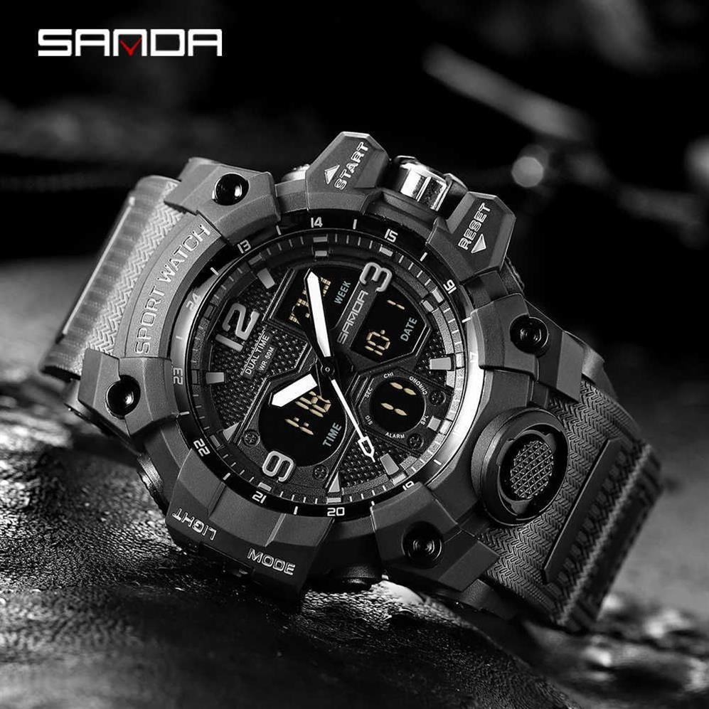 SANDA Uomo Orologi Militari G Style Bianco Orologio sportivo LED Digital 50M Orologio impermeabile S THOCK Orologio maschile Relogio Masculino G1022293I