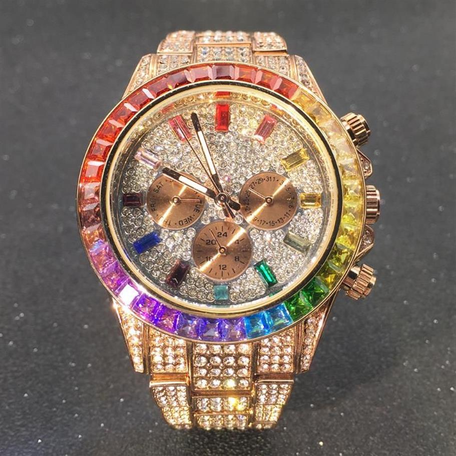 Armbandsur Rose Gold Iced Out Men Watches Three Eye Rainbow Diamond Watch Man Luminous Round rostfritt stål Hiphop armbandsur M261H