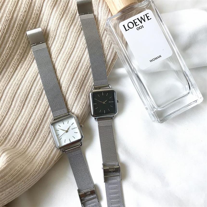 Kvinnor Fashion Square klockor minimalistisk design damer kvarts wrsitwatches ulzzang guld silver rostfritt stål mesh rem klocka 220218d