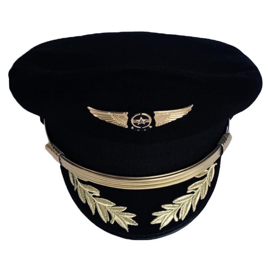 Anpassad exklusiv pilot Cap Airline Captain Hat Uniform Halloween Party Vuxna män Militära hattar Black For Women Wide Brim303h