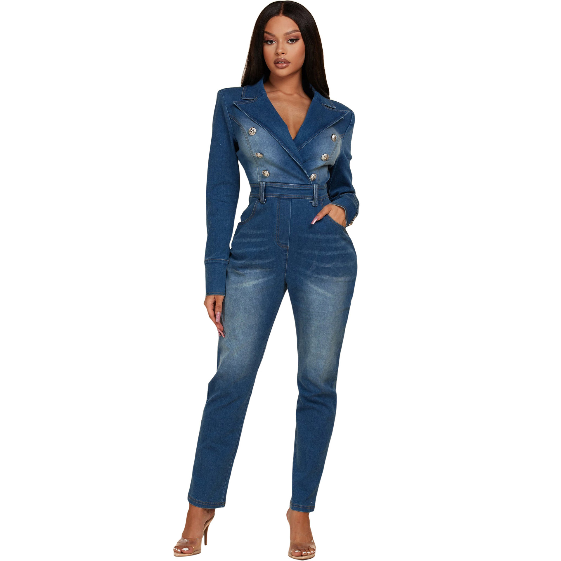 2024 Designer Denim Jumpsuits Damen Herbst Winter Langarm Strampler Reißverschluss Umlegekragen V-Ausschnitt Jeans Einteiler Overalls Bulk Großhandel Kleidung 10407