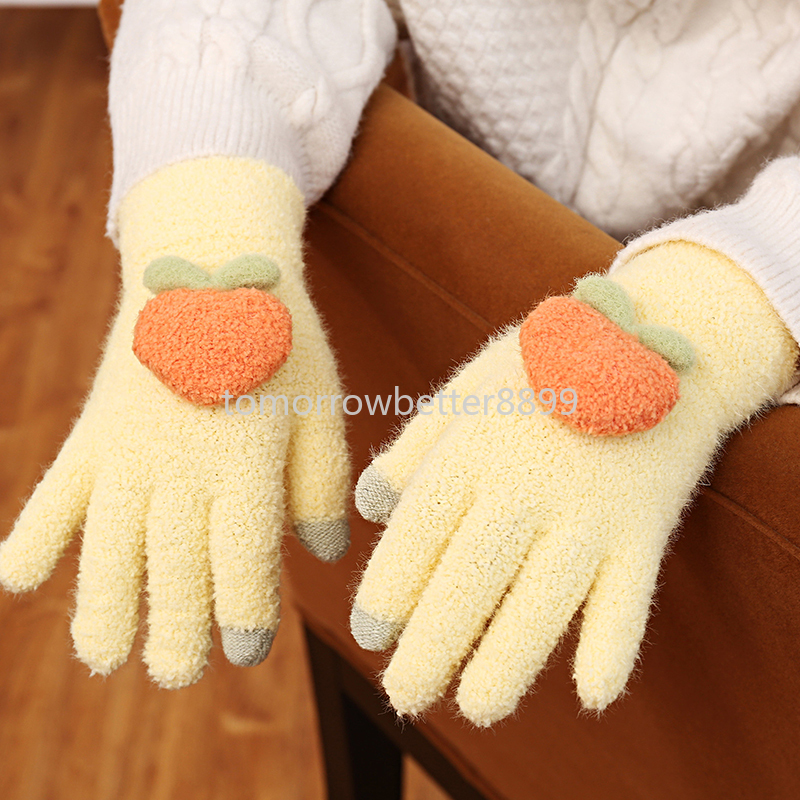 Gants de fruits mignons pour femmes, gants d'hiver en peluche, épais et chauds, gants à doigts complets, mitaines décontractées à la mode, accessoires d'hiver