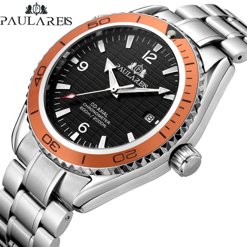 Automático auto vento mecânico pulseira de aço inoxidável simples laranja azul moldura james bond 007 estilo data negócios relógio masculino t200311265w