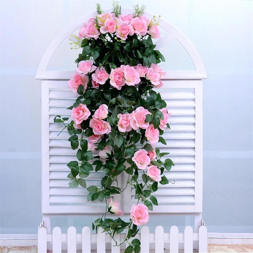 Tessuto non tessuto Simulazione Rosa Appeso a parete Vite Fiore artificiale finto Pianta Cesto appeso Soggiorno Balcone Decorazione242K