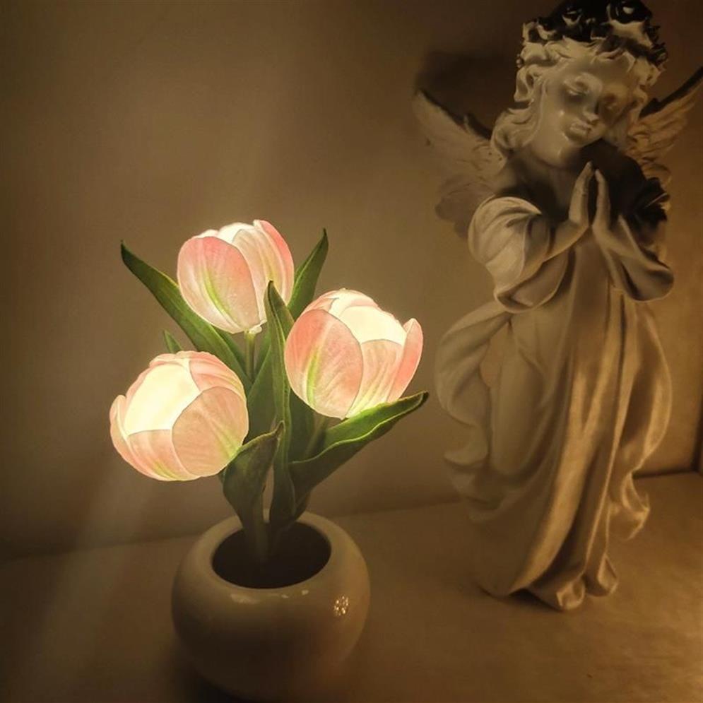 テーブルランプLED TULIP FLOWERPOT LAMP PINK PROOM装飾シミュレーションセラミック雰囲気の夜間光光ホーム装飾装飾品274A
