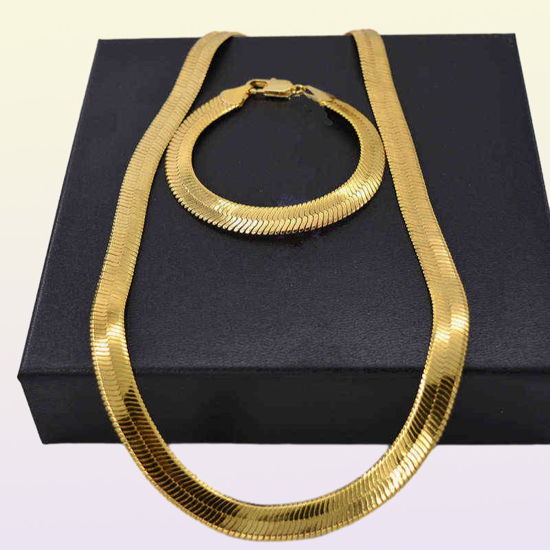 Set di gioielli di tendenza Set di bracciali con catena piatta a spina di pesce riempita in oro giallo Set di accessori da uomo 24 826 2112044984727