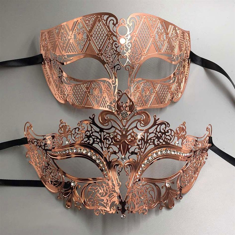 Ouro rosa Mulheres Homens Casal Par Amante Feito de Luz Metal Corte A Laser Filigrana Venetian Mardi Gras Masquerade Ball Prom Máscaras Conjunto T22109