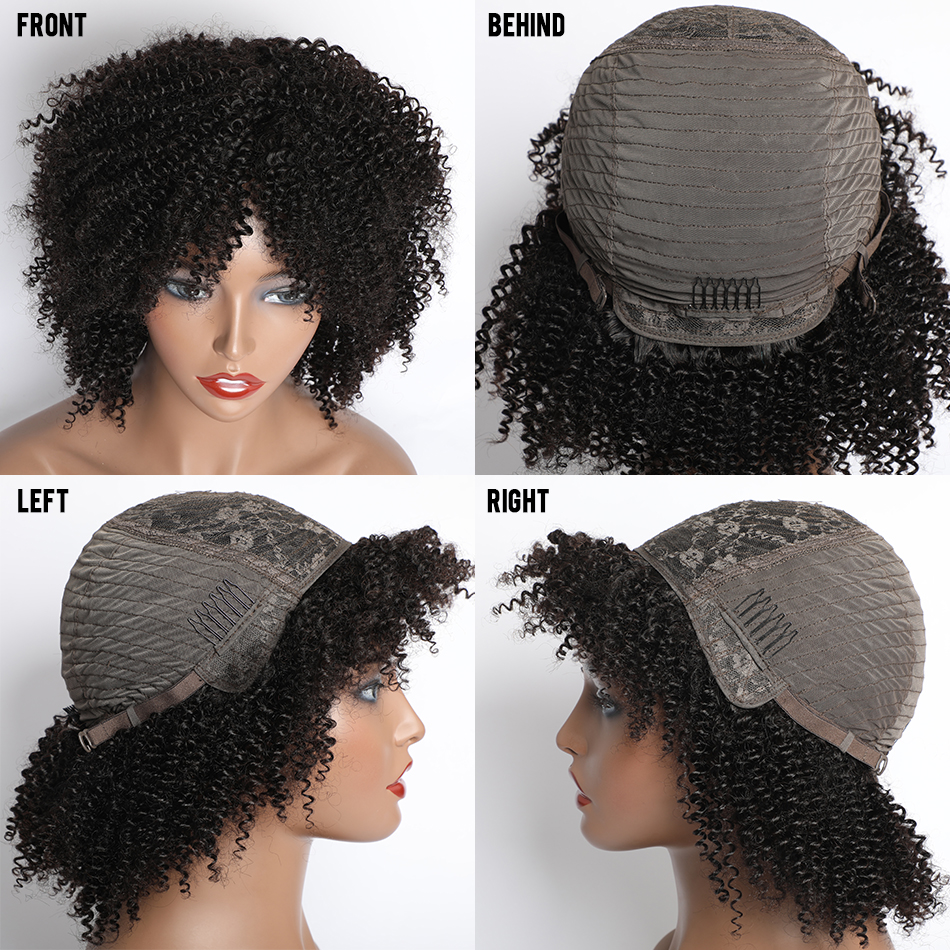 Cheap short kinky curly human hair wigs with bang for girl student natural color unprocessed machine made glueless cap 130% 