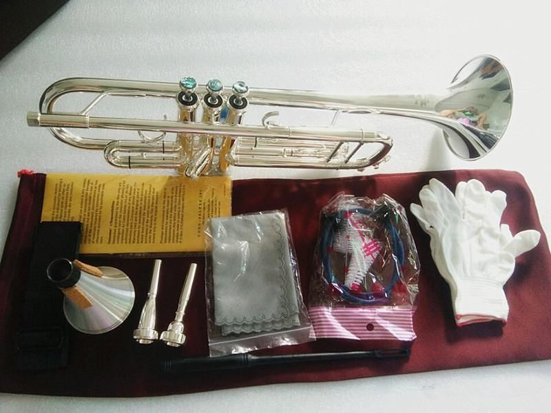 Imagem real Tiro Trompete de latão banhado a prata LT180S-43 Stradivarius Trumpet Horn Professional Bb Instrumentos Musicales Profesionales Bocal