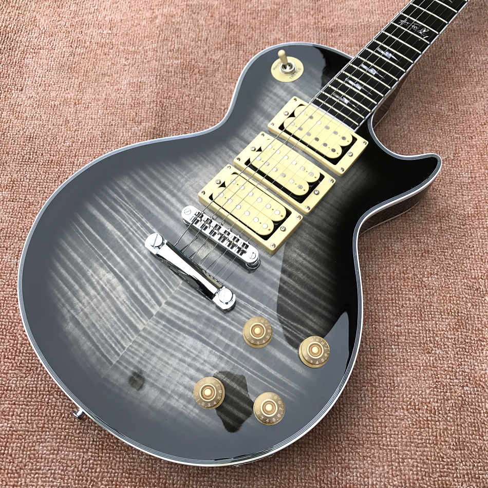 Tienda personalizada Ace Frehley Signature 3 pastillas Guitarra eléctrica, guitarra con tapa de arce flameado de tigre gris antiguo, cuello de una pieza, envío gratis