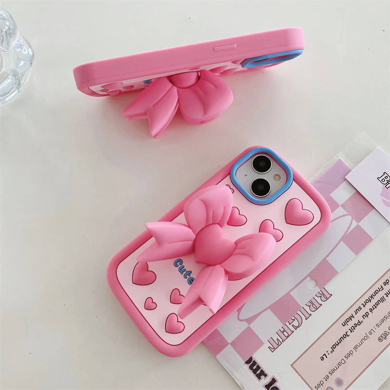 3d bonito bowknot suporte dobrável kickstand silicone macio caso de telefone para iphone 11 12 13 14 15 pro max coração ano novo capa escudo 