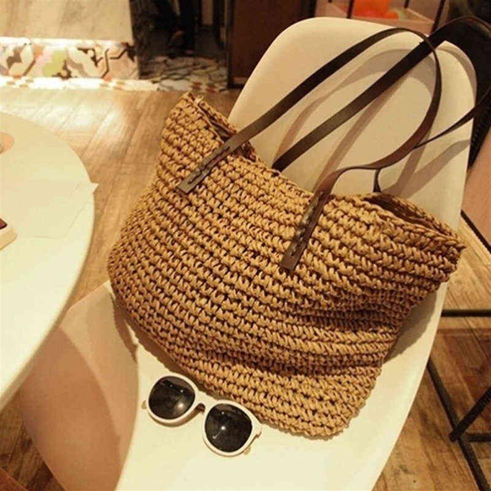 Women Summer Beach Vintage Handmade Knitted Straw Rattan Bag Large Shoulder Bags Boho Woven Handbag Tote Bolso Playa G220210282V