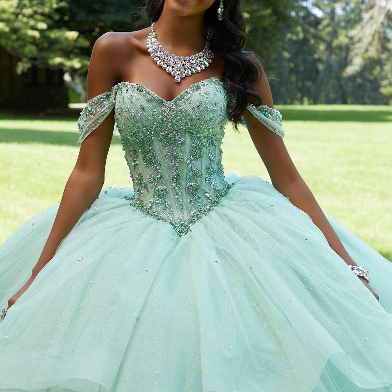 Mint Green Shiny Quinceanera Sukienki ukochane na ramię urodziny cekinowe koraliki koronkowe suknie księżniczki vestidos de 15