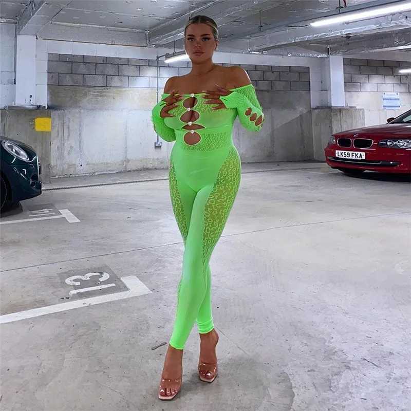 Women's Jumpsuits Rompers Women's Mesh Sheer Hollow Diamonds Skinny Jumpsuit Long Sleeve High Waist Sexy Nightclub Fun Pajamas Rompers Clubwear AutumnL231212