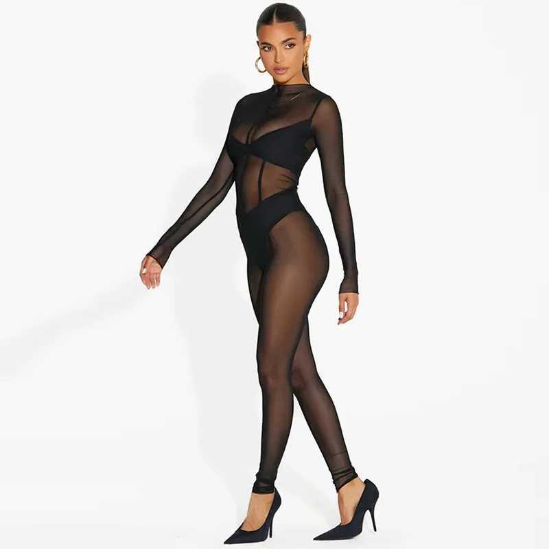 Women's Jumpsuits Rompers Autumn Winter 2023 Mesh See Through Black Bodycon Jumpsuit Ropmers Women Sexy Long Sleeve One Piece Party Club Overalls OutfitsL231212