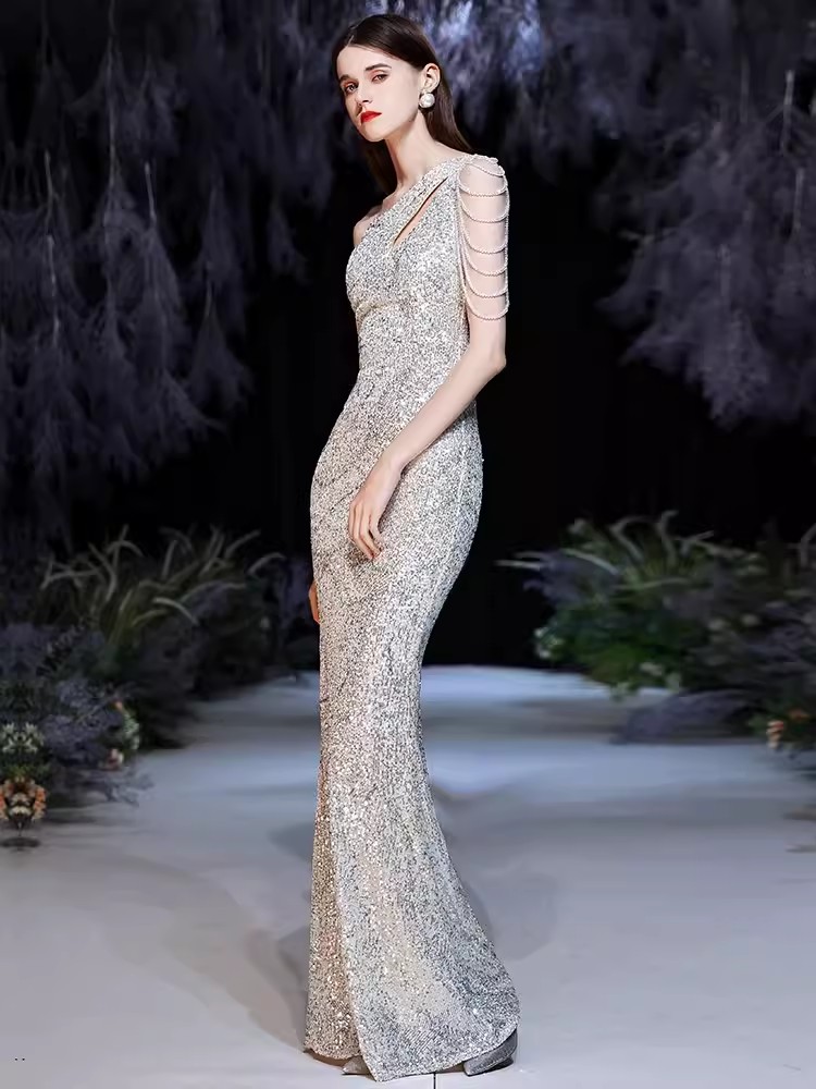 Plus la taille des paillettes d'or sirène robes de bal robes de soirée élégantes une épaule femmes sexy longue soirée robe formelle pour Bridemaid