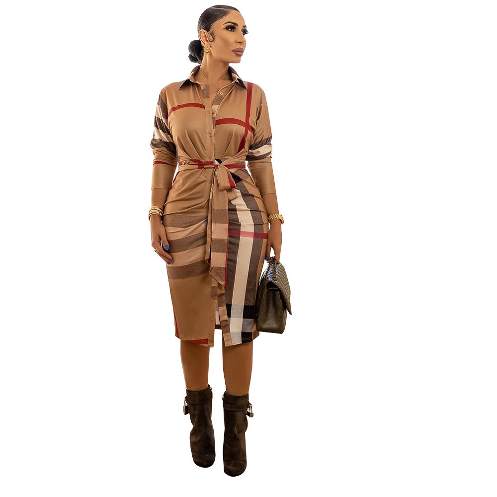 Autumn/Winter High Quality Super Fashion Striped Lace-Up Stand Collar Mid-Length Shirtdress