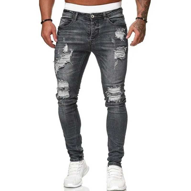 Men's Jeans Fashion Street Style Ripped Skinny Jeans Men Vintage wash Solid Denim Trouser Mens Casual Slim fit pencil denim Pants hot saleL2403