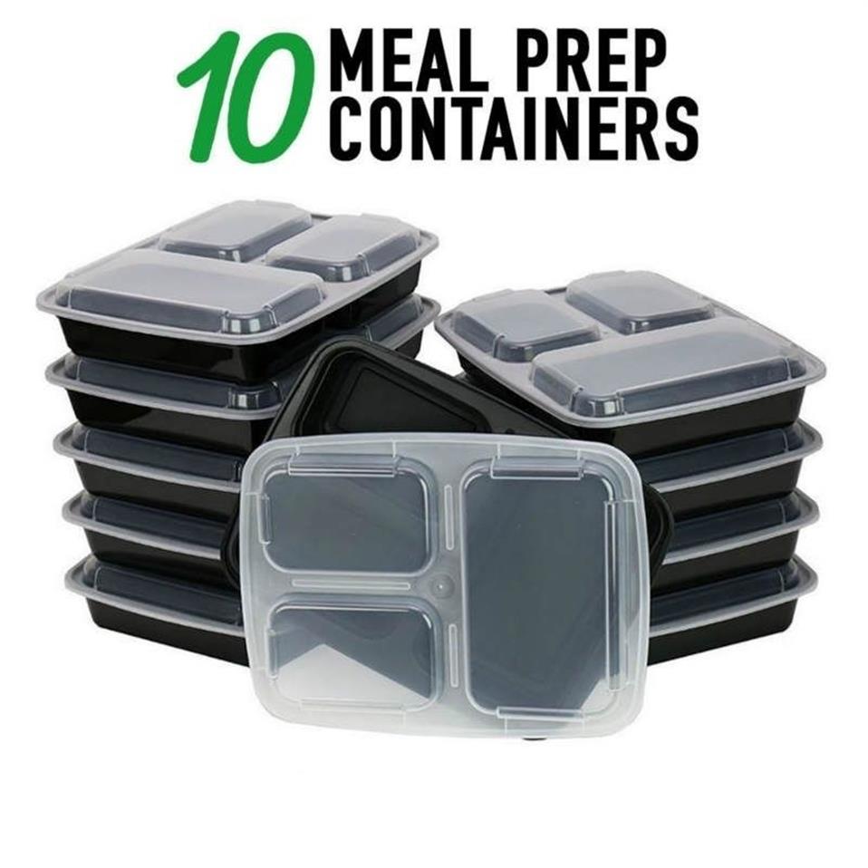 10 stuks maaltijdvoorbereidingscontainers plastic voedselopslag herbruikbare magnetronbestendige voedselcontainer met 3 compartimenten en deksel magnetronbestendig Y1116194P