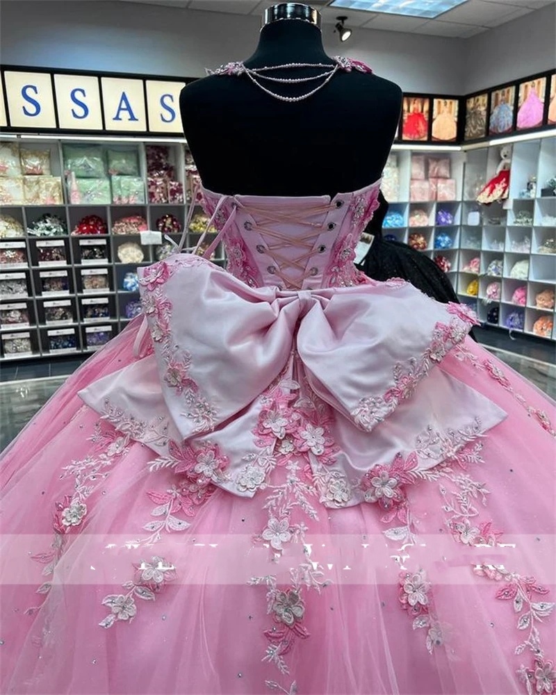 Mexico Pink Sweetheart Ball Gown Quinceanera Dress For Girls Beaded 3D Flowers Birthday Party Gowns Tiered Prom Dresses