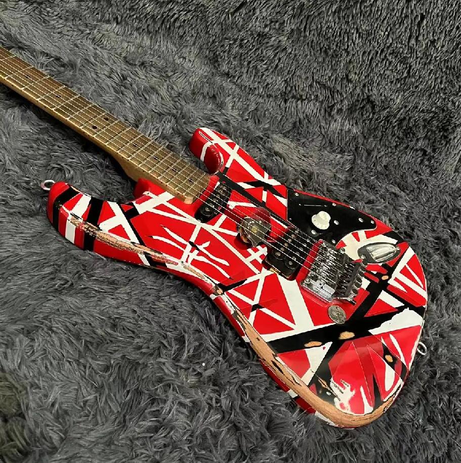 Chitarra elettrica Black White Stripe Red Heavy Relic Manico in acero, Floyd Rose Tremolo Frankenstein Frankenstrat Tribute guitarra