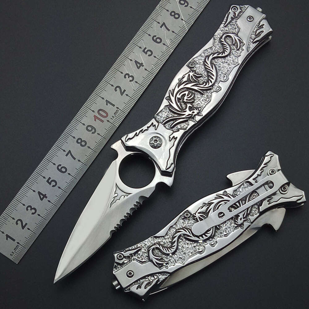 Todo el acero espejo luz Siery titanio hoja dragón al aire libre Camping colección supervivencia cuchillo de bolsillo cuchillos tácticos tallado 3D